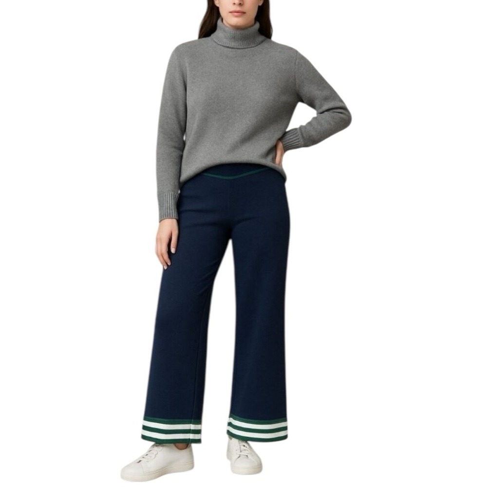 Caroline Constas Navy Blue Wide Leg Pants Thick Knit Green White Stripe Size S